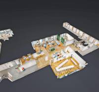 3D půdorys kanceláře s podlahou s dřevěným dekorem a různými místnostmi a zařízeními.