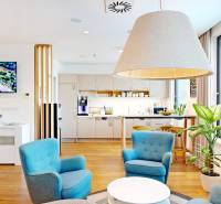 Obývací prostor v kanceláři s křesly, lampou, televizorem a rostlinami.