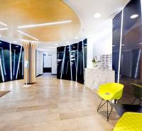 Recepce kanceláří s podlahou s dřevěným dekorem a zelení na stěně.