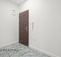 Bílá chodba s tmavými dveřmi a dlažbou v 2-pokojovém bytě.