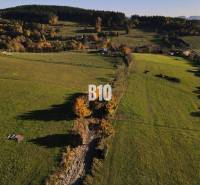 Zeleň a louky v Pozemcích - bydlení v Petrovicích, obklopené stromy a kopci.