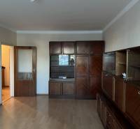 Obývací pokoj v 2pokojovém bytě s velkou dřevěnou obývací sestavou a podlahou s dřevěným dekorem.