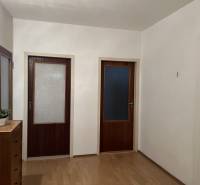 Chodba v 2-pokojovém bytě s podlahou s dřevěným dekorem a dvěma dřevěnými dveřmi.