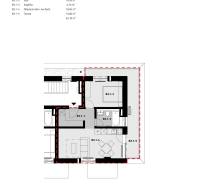 Půdorys 2-pokojového bytu na Železniční ulici, ukazuje rozložení místností včetně terasy.