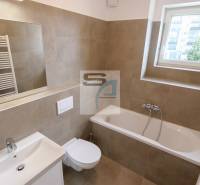 Koupelna v 2-pokojovém bytě s vanou, umyvadlem, zrcadlem a oknem.