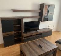 Obývací pokoj s tmavým nábytkem a podlahou s dřevěným dekorem v 2-pokojovém bytě.