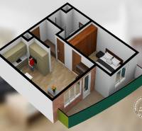 Vizualizace 2pokojového bytu s podlahou s dřevěným dekorem a balkonem.