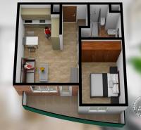 3D půdorys 2-pokojového bytu s obývacím pokojem, kuchyní, koupelnou a podlahou s dřevěným dekorem.