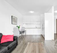 Obývací část 2-pokojového bytu s černou sedačkou a podlahou s dřevěným dekorem.