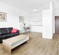 Obývací pokoj s koženou sedačkou, jídelním stolem a podlahou s dřevěným dekorem v 2-pokojovém bytě.