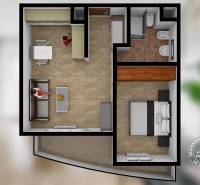 Půdorys 2-pokojového bytu s podlahou s dřevěným dekorem a zařízením.