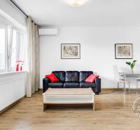 Obývací pokoj s podlahou s dřevěným dekorem, pohovkou a jídelním stolem v 2-pokojovém bytě.