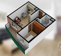 3D půdorys 2-pokojového bytu s vybavením, podlaha s dřevěným dekorem, výhled na terasu.