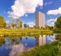 Výškové budovy u jezera na Bosákově ulici v Bratislavě - Petržalce.