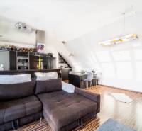 Obývací pokoj s kuchyňským koutem, pohovkou a podlahou s dřevěným dekorem, 2-pokojový byt.