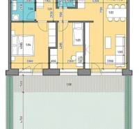 Půdorys zobrazuje uspořádání 3pokojového bytu s koupelnou, kuchyní a terasou.