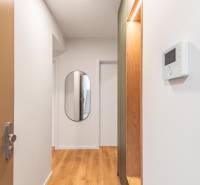 Na chodbě 3-pokojového bytu je zrcadlo a podlaha s dřevěným dekorem.