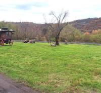 Zelená plocha s dřevěným vozem u rodinného domu v Rykynčicích, obklopená stromy na podzim.