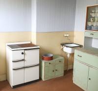 Kuchyně v rodinném domě s retro nábytkem a umyvadlem.