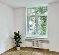 Pokoj se světlými stěnami, velkým oknem, podlahou s dřevěným dekorem a rostlinou ve 4-pokojovém bytě.