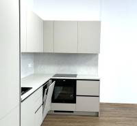 Kuchyně ve 4-pokojovém bytě s podlahou s dřevěným dekorem a bílými skříňkami.