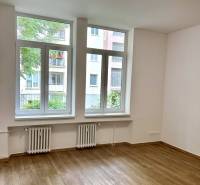 Pokoj ve 4pokojovém bytě s velkými okny a podlahou s dřevěným dekorem.