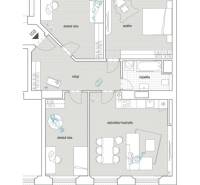 Půdorys 4-pokojového bytu s otevřeným obývacím pokojem, kuchyní a koupelnou.