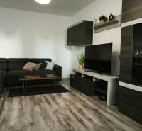 Obývací pokoj v 3-pokojovém bytě s tmavou sedačkou a podlahou s dřevěným dekorem.