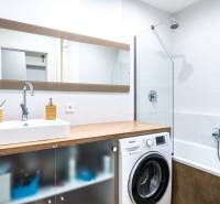 Koupelna s umyvadlem, pračkou a vanou v 3-pokojovém bytě, podlaha s dřevěným dekorem.