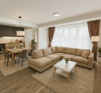 Obývací pokoj s kuchyní a podlahou s dřevěným dekorem v rodinném domě.