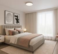 Ložnice s postelí, lampou, křeslem a závěsy v rodinném domě. Podlaha s dřevěným dekorem.