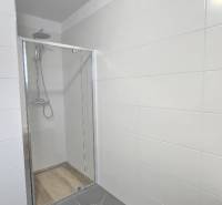 Sprchový kout v koupelně rodinného domu s dlažbou a bílým obkladem.