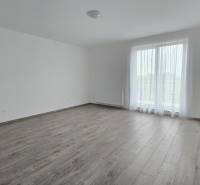 Obývací pokoj s podlahou s dřevěným dekorem a velkým oknem v rodinném domě.