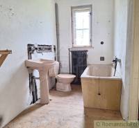 Koupelna v rodinném domě se sedací vanou, radiátorem a podlahou s dřevěným dekorem.