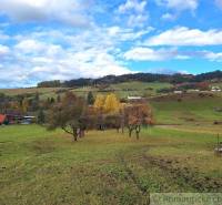 Krajina v Liptovských Beharovcích s ovocnými stromy a rodinnými domy v pozadí.
