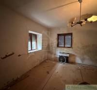 Pokoj v rodinném domě s panelovou podlahou, starým osvětlením a radiátorem.