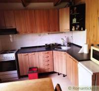 Kuchyně v chatě s podlahou s dřevěným dekorem, varnou deskou a mikrovlnkou.