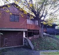 Dřevěná chata v Dudincích obklopená stromy a travnatým svahem.