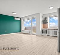 Obývací pokoj s kuchyňským koutem v 2-pokojovém bytě a podlahou s dřevěným dekorem.