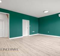 Pokoj s podlahou s dřevěným dekorem, zelenými stěnami a klimatizací, 2pokojový byt.