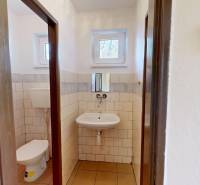 Koupelna s umyvadlem, WC a obkladem v chatě, s malými okny a jednoduchým designem.