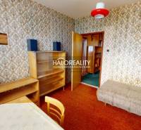 Interiér 3-pokojového bytu s retro tapetami, nábytkem a červenou lampou.