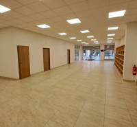 Obchodní prostory s dlažbou, regály a prosklenými dveřmi pro vstup.