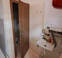 Koupelna v obchodních prostorách s umyvadlem, bojlerem a dveřmi na toaletu.