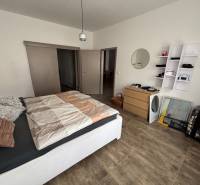 Ložnice v dvoupokojovém bytě s podlahou s dřevěným dekorem, postelí a úložným prostorem.