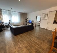 Obývací pokoj dvoupokojového bytu s tmavou pohovkou a pracovním koutem.