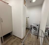 Výklenek s pračkou, sušákem a skříní v 2-pokojovém bytě; podlaha s dřevěným dekorem.