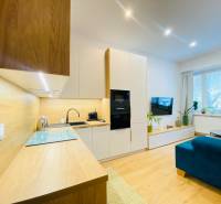 Kuchyňská linka s dřevěným dekorem v 2-pokojovém bytě se světlým obývacím pokojem.