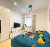 Obývací pokoj v 2-pokojovém bytě s modrou sedačkou a podlahou s dřevěným dekorem.