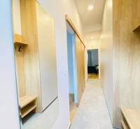 Chodba s podlahou s dřevěným dekorem v 2-pokojovém bytě, skříněmi a zrcadlem.